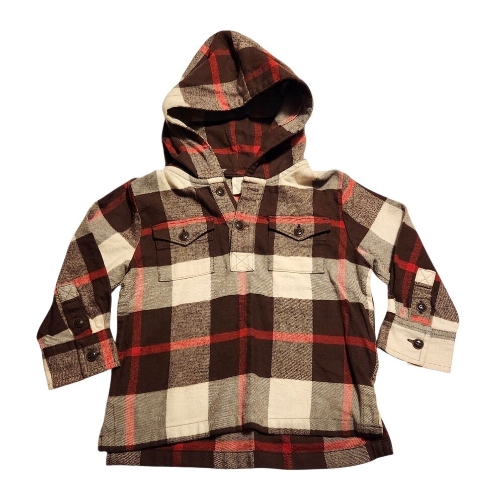 Baby Gap Hooded Pullover Flannel Top Brown Red White Plaid Size 18-24 months